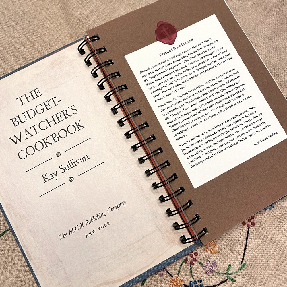 Journal.  Vintage Budget-watchers’s Cookbook that has been Rescued and Redeemed